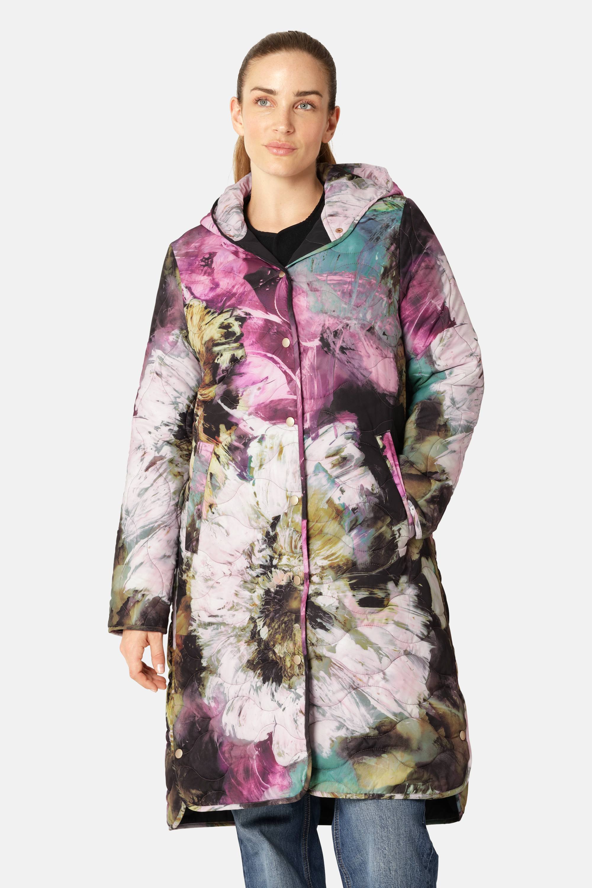 Lang Quiltet Frakke - Artistic Flower Print